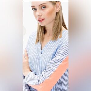 Vilagallo Blue and Orange Striped V-Neck Blouse, Small
